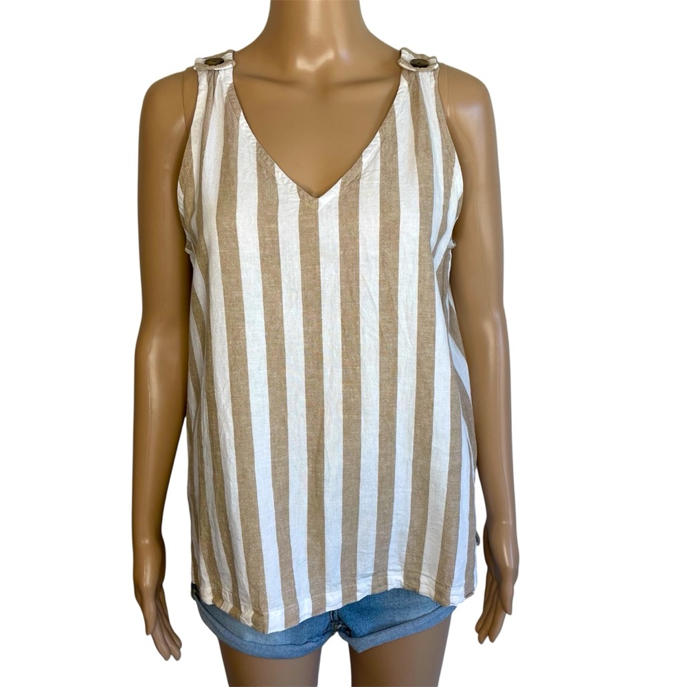 LOFT Solid Tan & White Striped Sleeveless Flowy Casual Pullover Tank Top